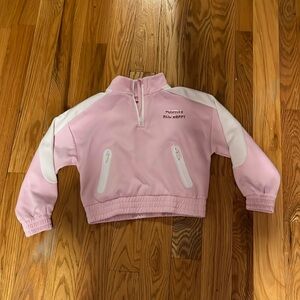 “Positive and happy” pink and white turtle neck zip up bikers jacket